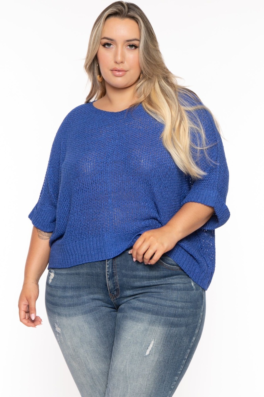 Tops Petal Dew | Plus Size Carol Relax Knit Sweater Royal Blue