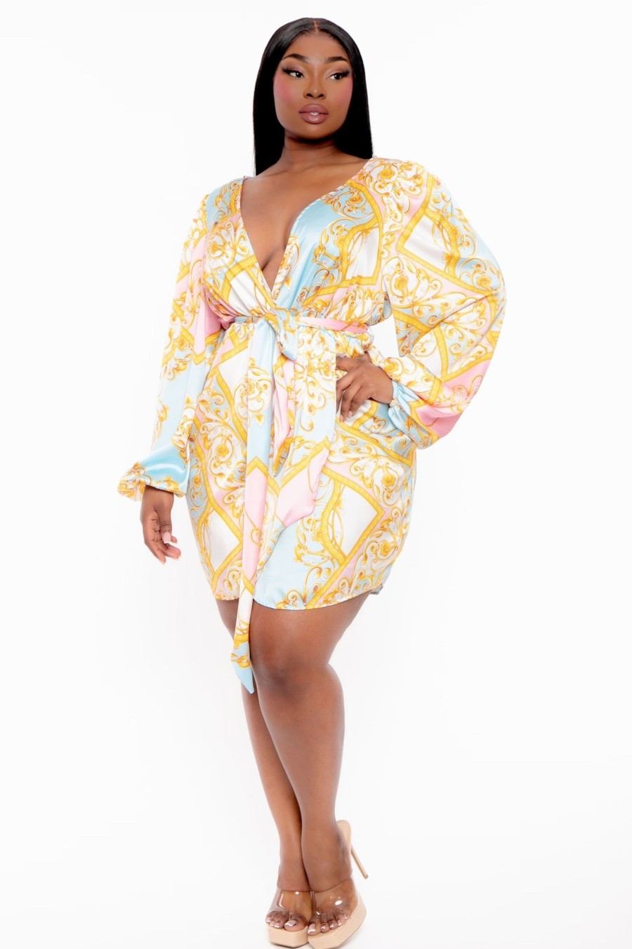 Dresses Curvy Sense | Plus Size Brisa Printed Tulip Hem Dress Ivory