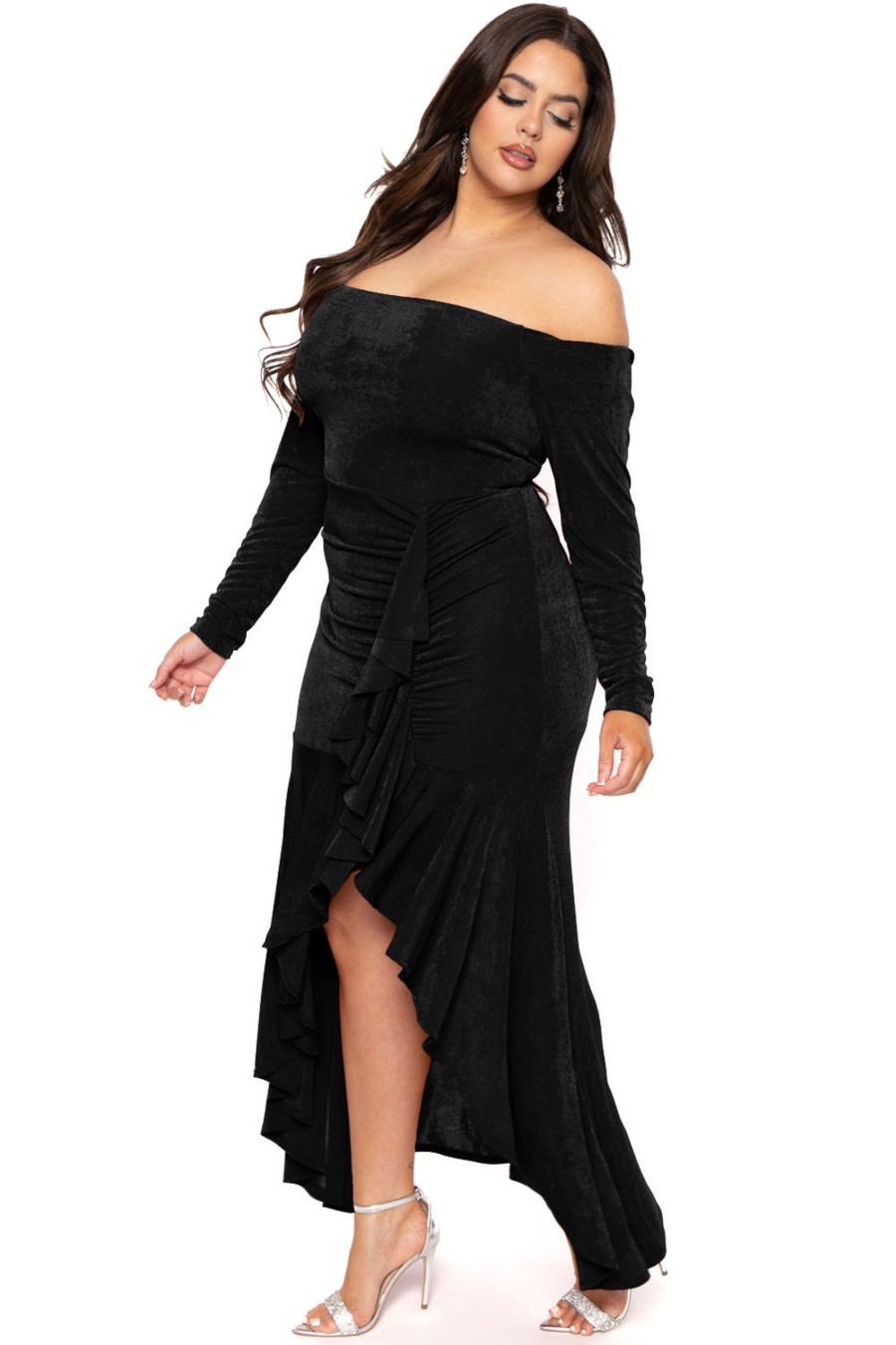 Little Black Styles Curvy Sense | Plus Size Anisa Cascade Ruffle Dress Black