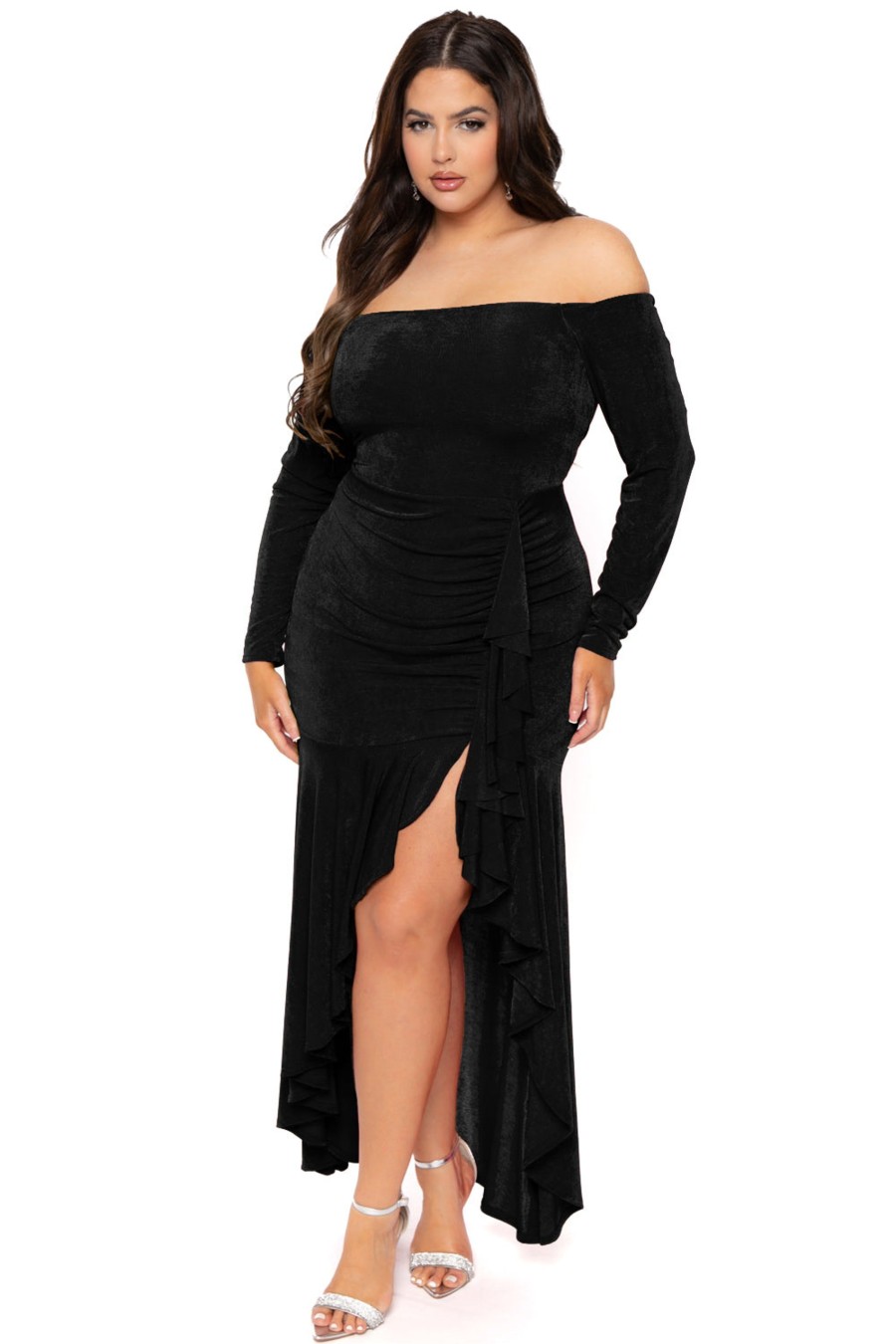 Little Black Styles Curvy Sense | Plus Size Anisa Cascade Ruffle Dress Black