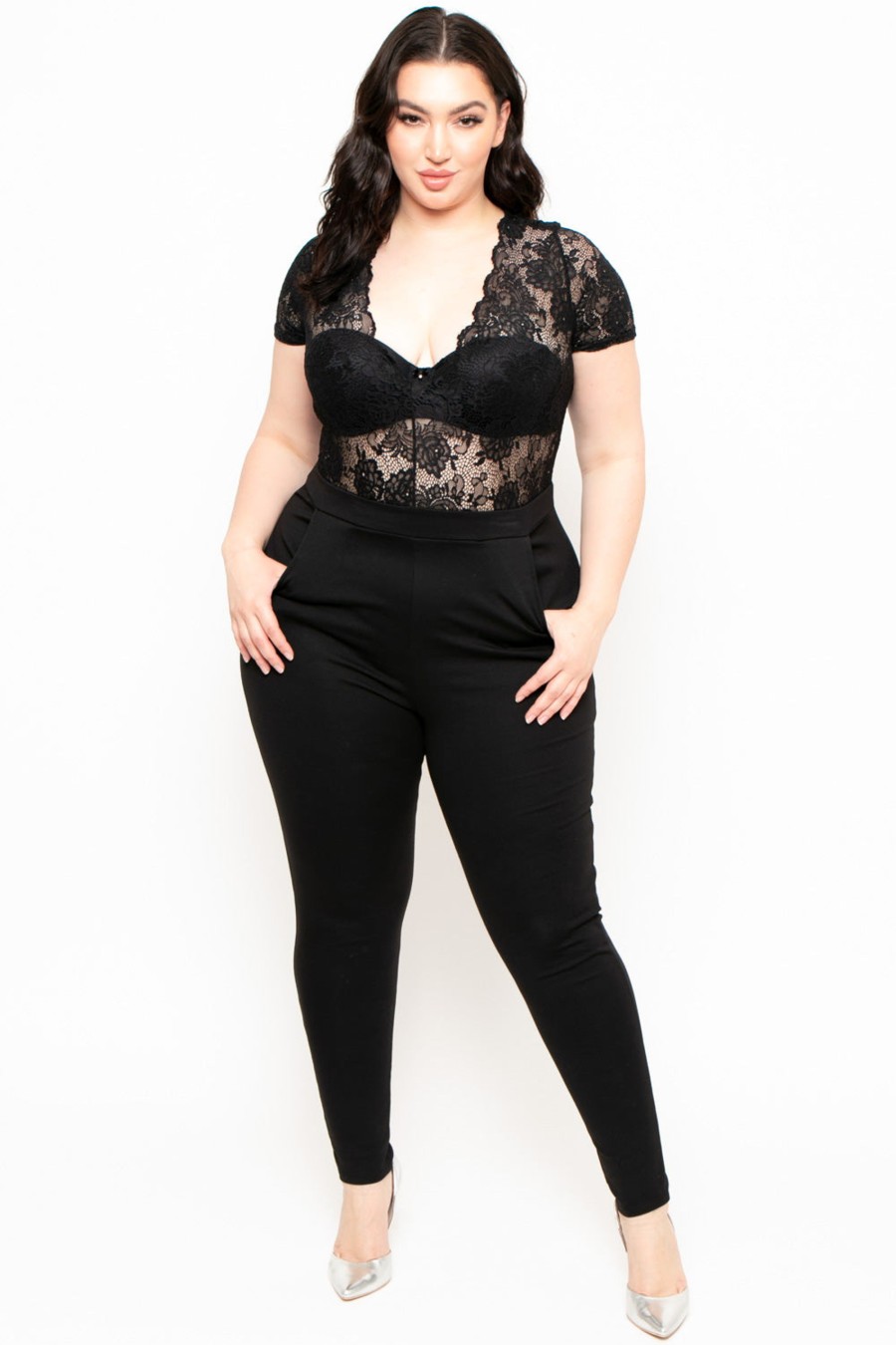 Jumpsuits & Rompers Curvy Sense | Plus Size Lace Top Jumpsuit Black