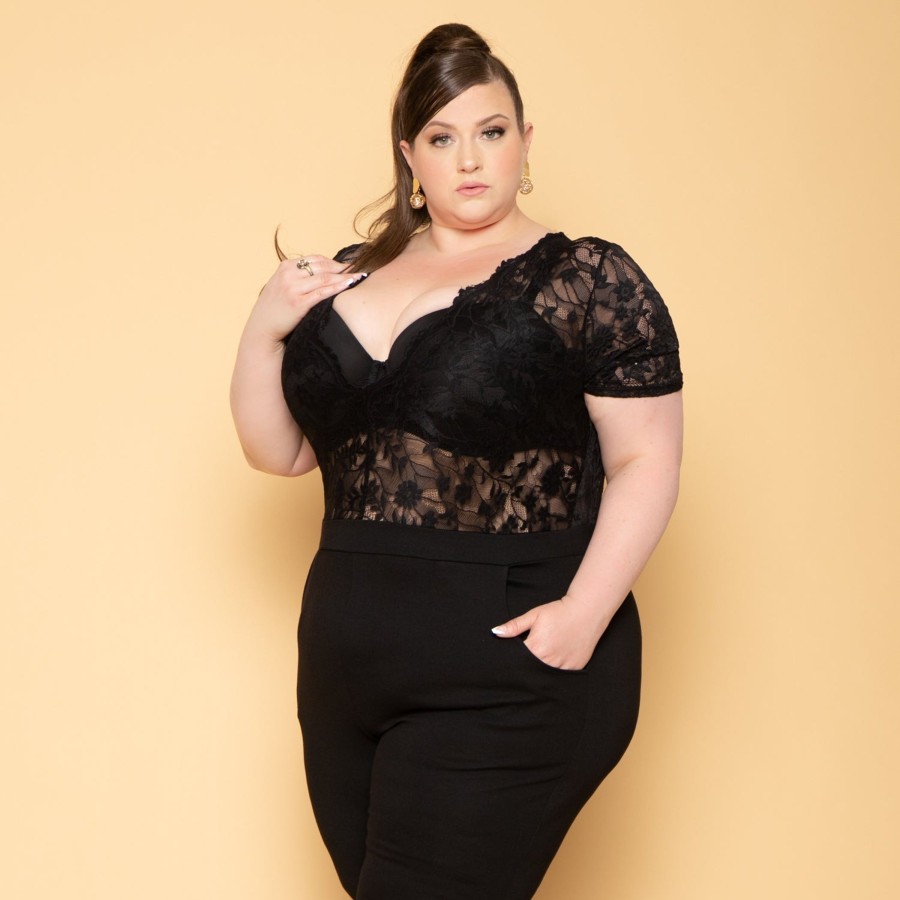 Jumpsuits & Rompers Curvy Sense | Plus Size Lace Top Jumpsuit Black