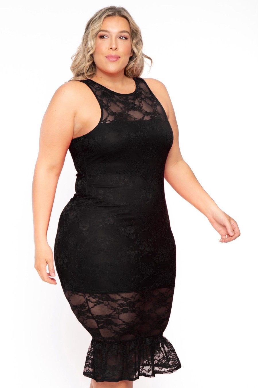 Dresses Curvy Sense | Plus Size Berenice Midi Lace Dress Black