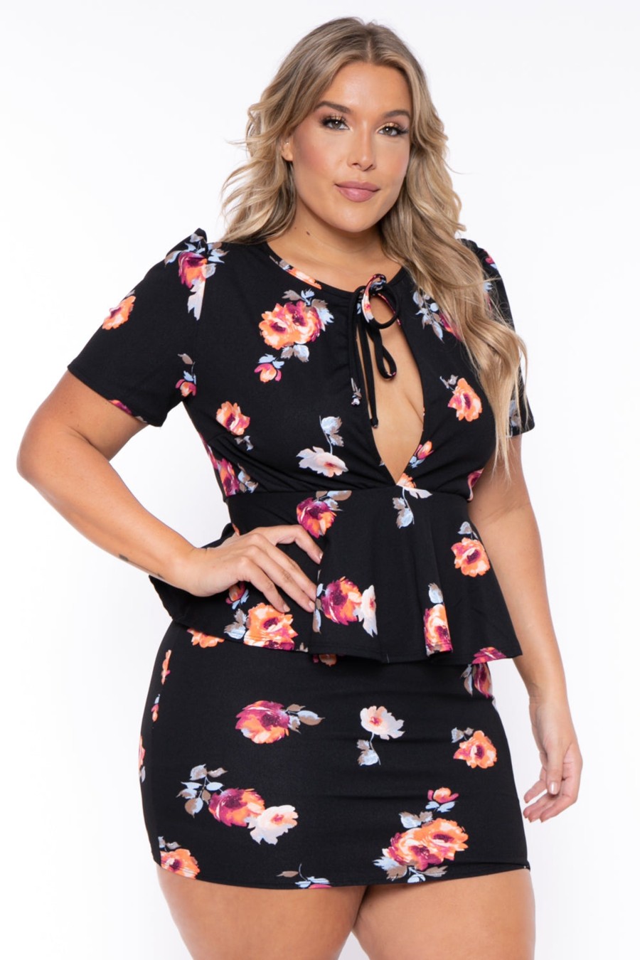 Dresses Curvy Sense | Plus Size Floral Peplum Dress Black