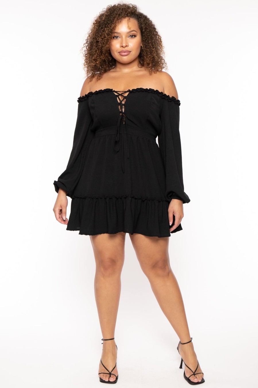 Dresses Curvy Sense | Plus Size Adellia Lace Up Ruffle Dress Black