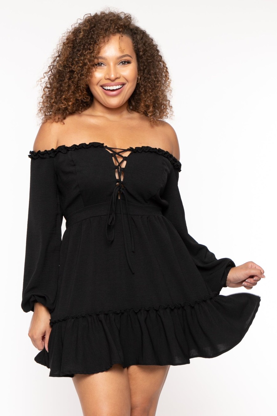 Dresses Curvy Sense | Plus Size Adellia Lace Up Ruffle Dress Black