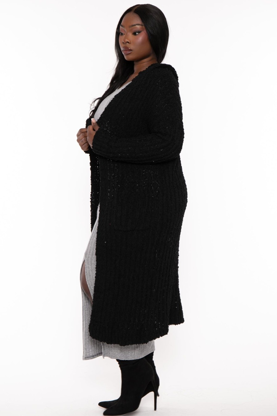 Tops Sweet Generis | Plus Size Cozy Hoodie Popcorn Duster Cardigan Black