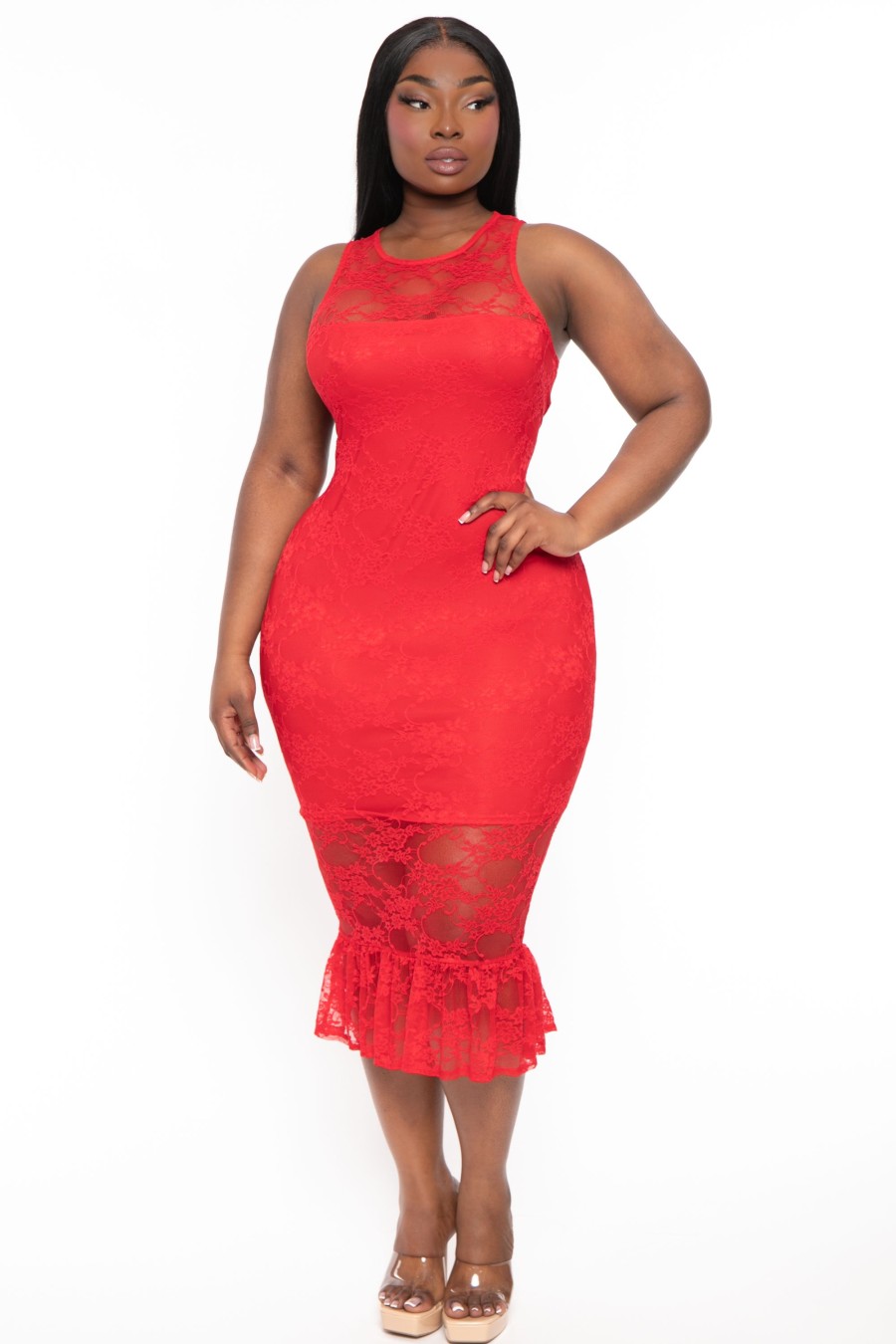 Dresses Curvy Sense | Plus Size Berenice Midi Lace Dress Red