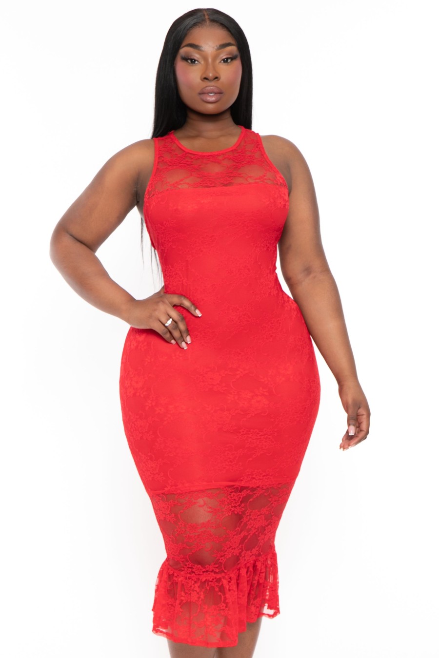 Dresses Curvy Sense | Plus Size Berenice Midi Lace Dress Red