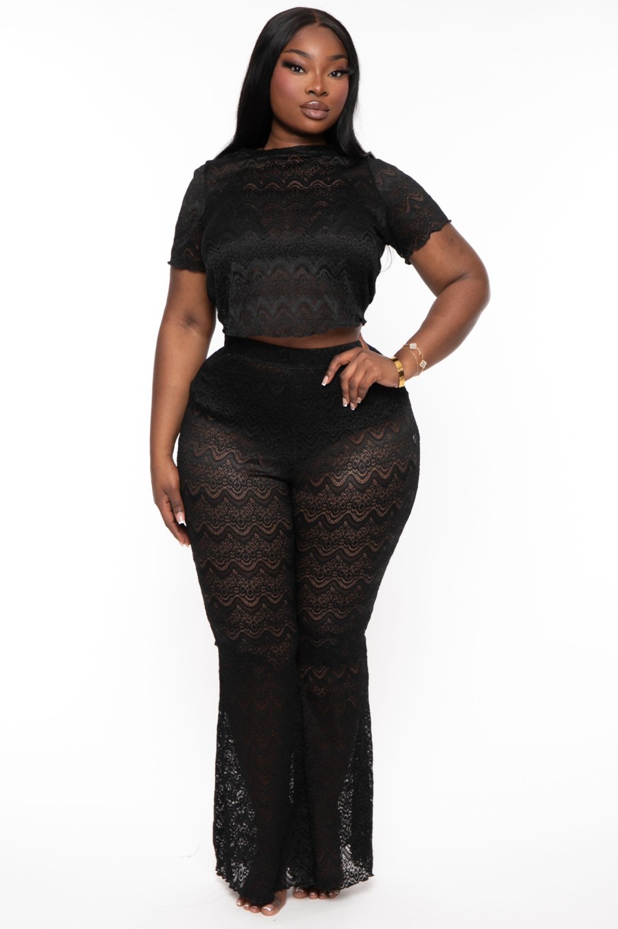 Matching Sets Curvy Sense | Plus Size Keily Lace Top And Pant Set Black