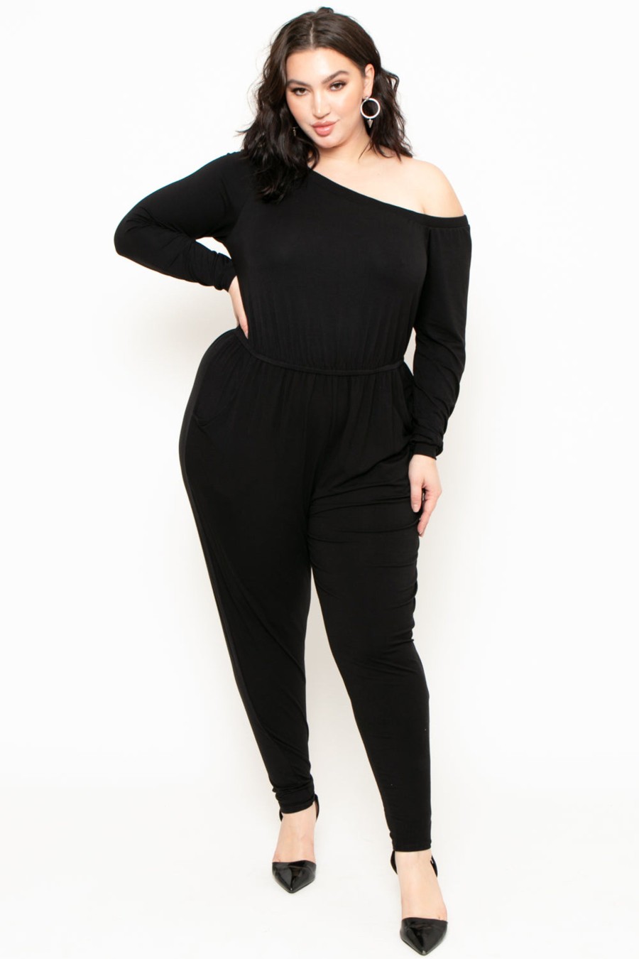 Jumpsuits & Rompers Curvy Sense | Plus Size Off The Shoulder Jumpsuit Black