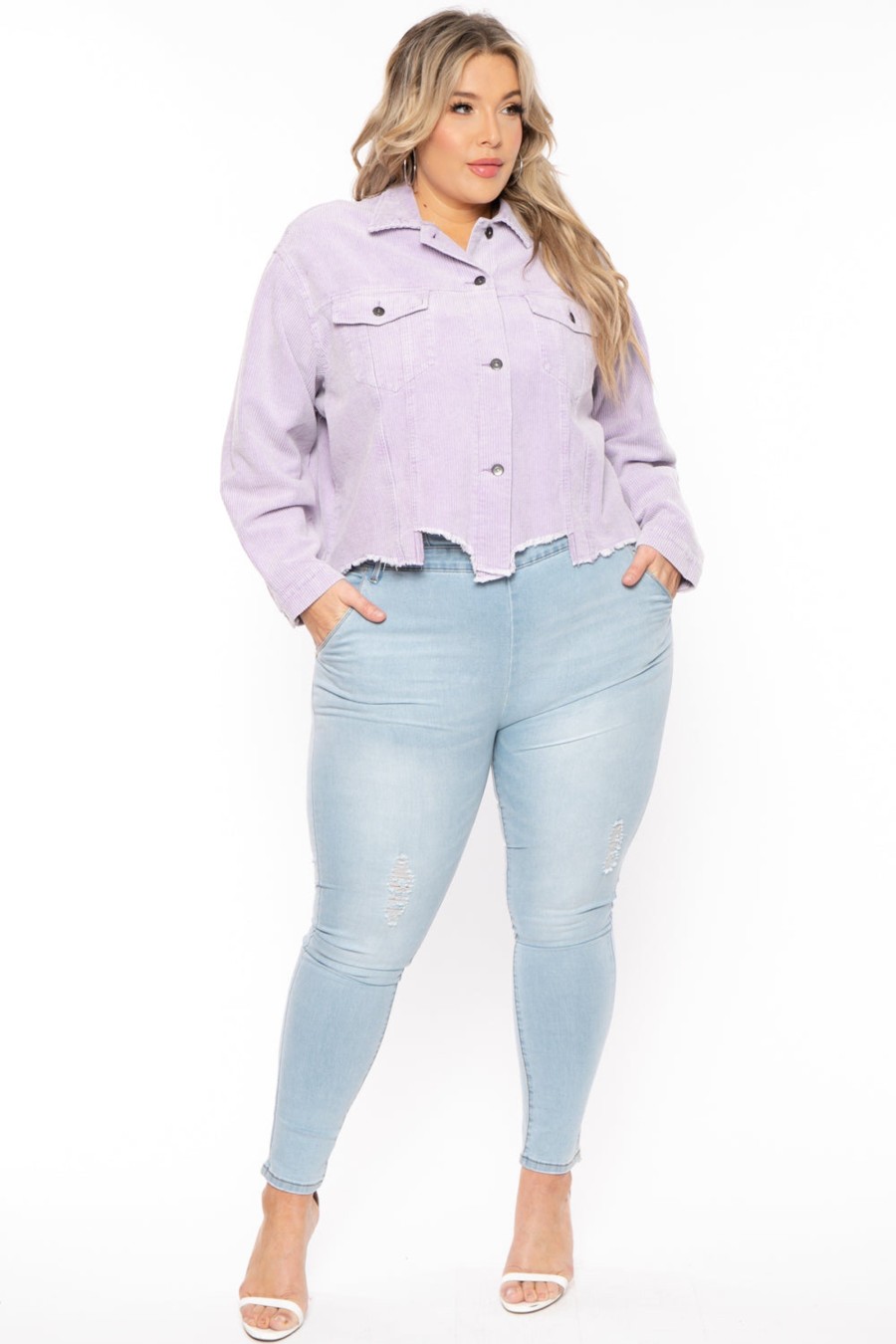 Jeans & Denim GEE GEE | Plus Size Corduroy Destroyed Hem Jacket Lavender