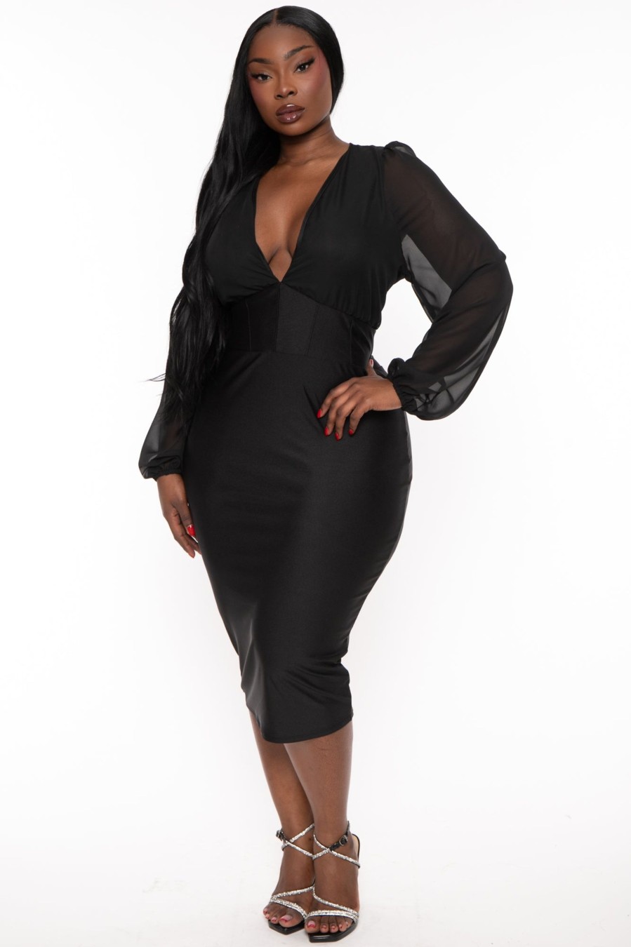 Little Black Styles Curvy Sense | Plus Size Priya Chiffon Midi Dress Black