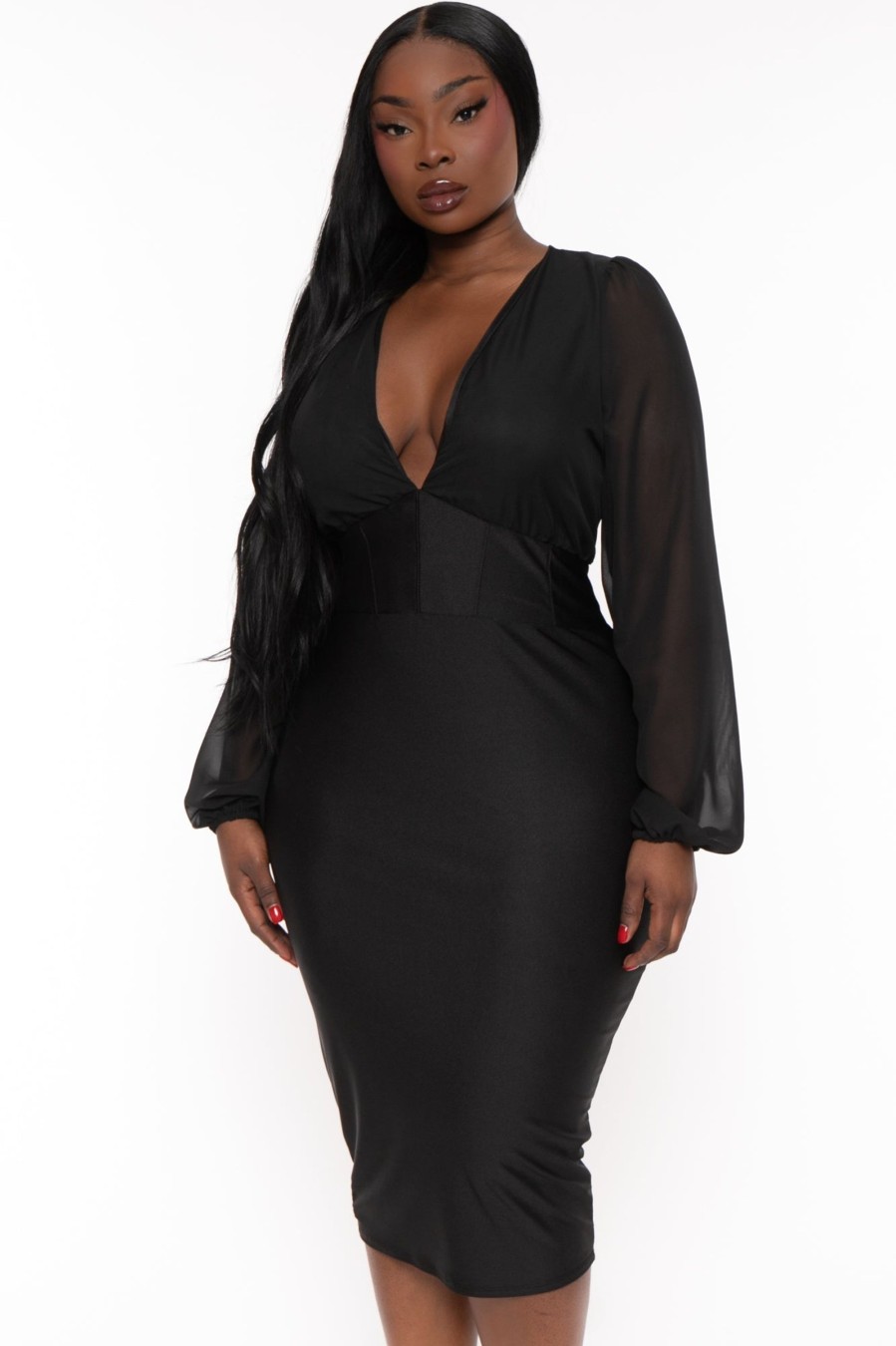 Little Black Styles Curvy Sense | Plus Size Priya Chiffon Midi Dress Black