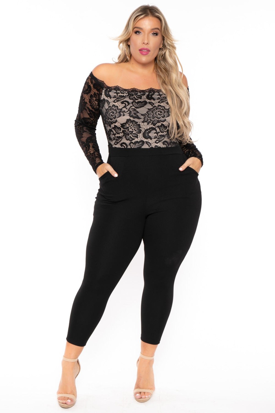 Jumpsuits & Rompers Curvy Sense | Plus Size Minnie Lace Top Jumpsuit Black