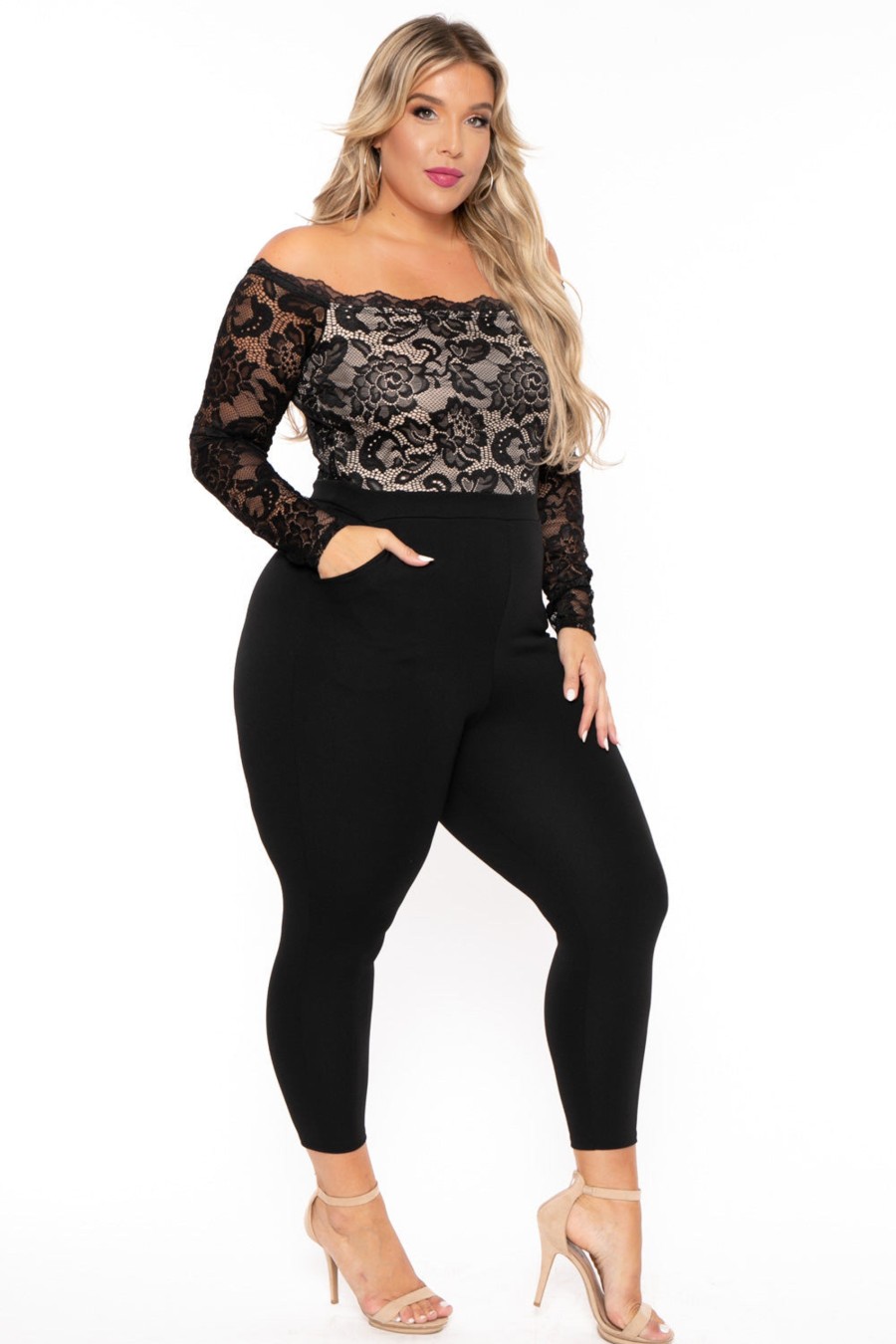 Jumpsuits & Rompers Curvy Sense | Plus Size Minnie Lace Top Jumpsuit Black