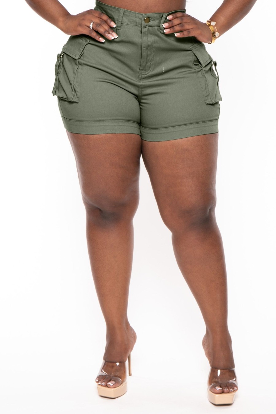 Bottoms American Bazi | Plus Size High Rise Utility Cargo Shorts Olive