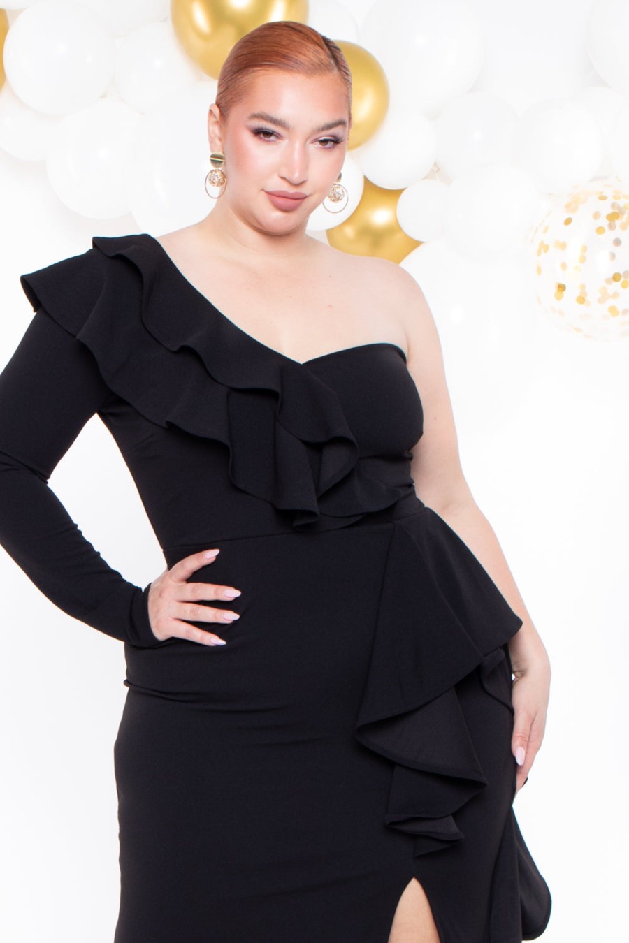 Little Black Styles SYMPHONY | Plus Size Riku Asymmetric Ruffle Gown Black