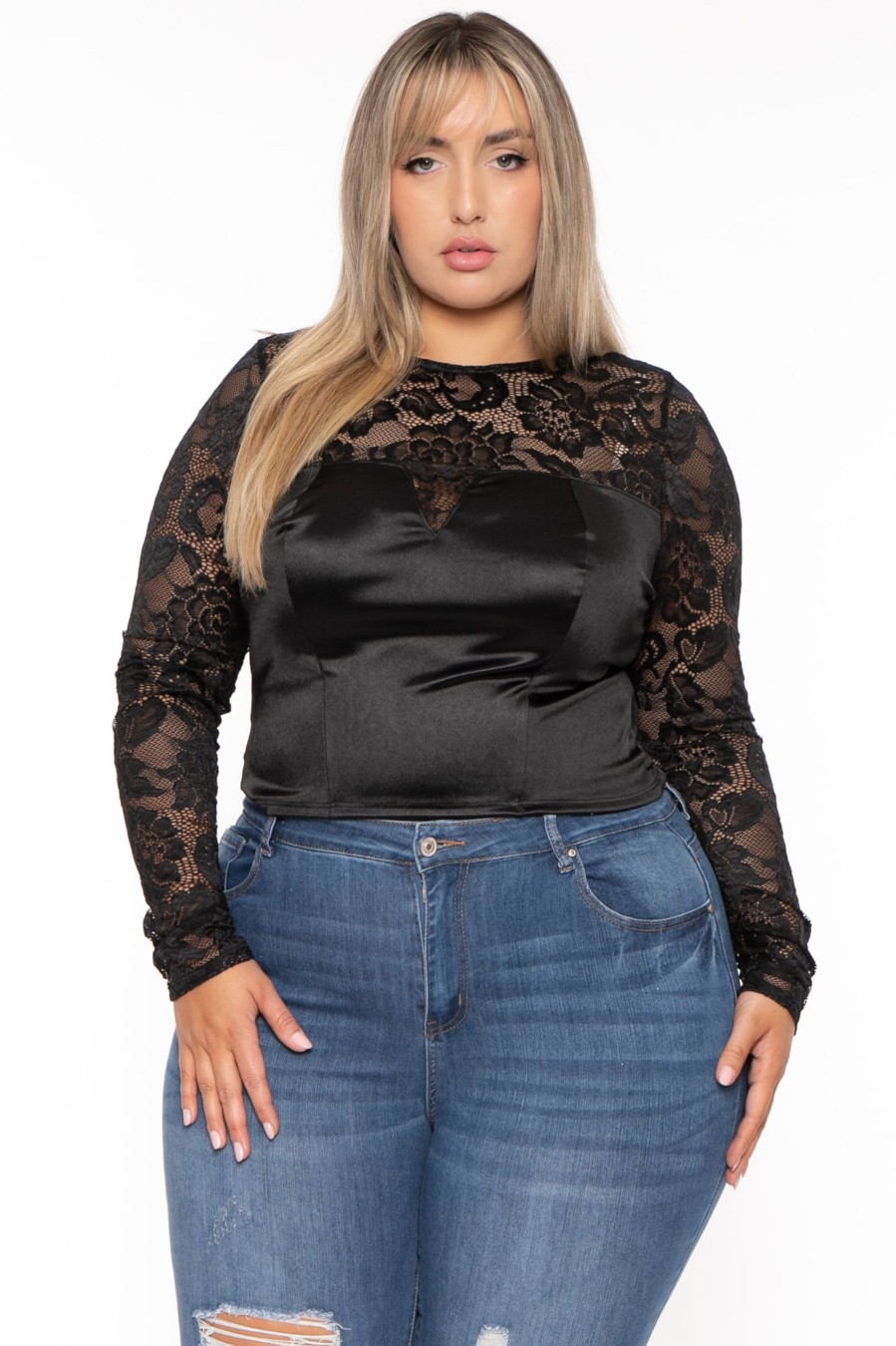 Tops Curvy Sense | Plus Size Leisa Lace Top Black