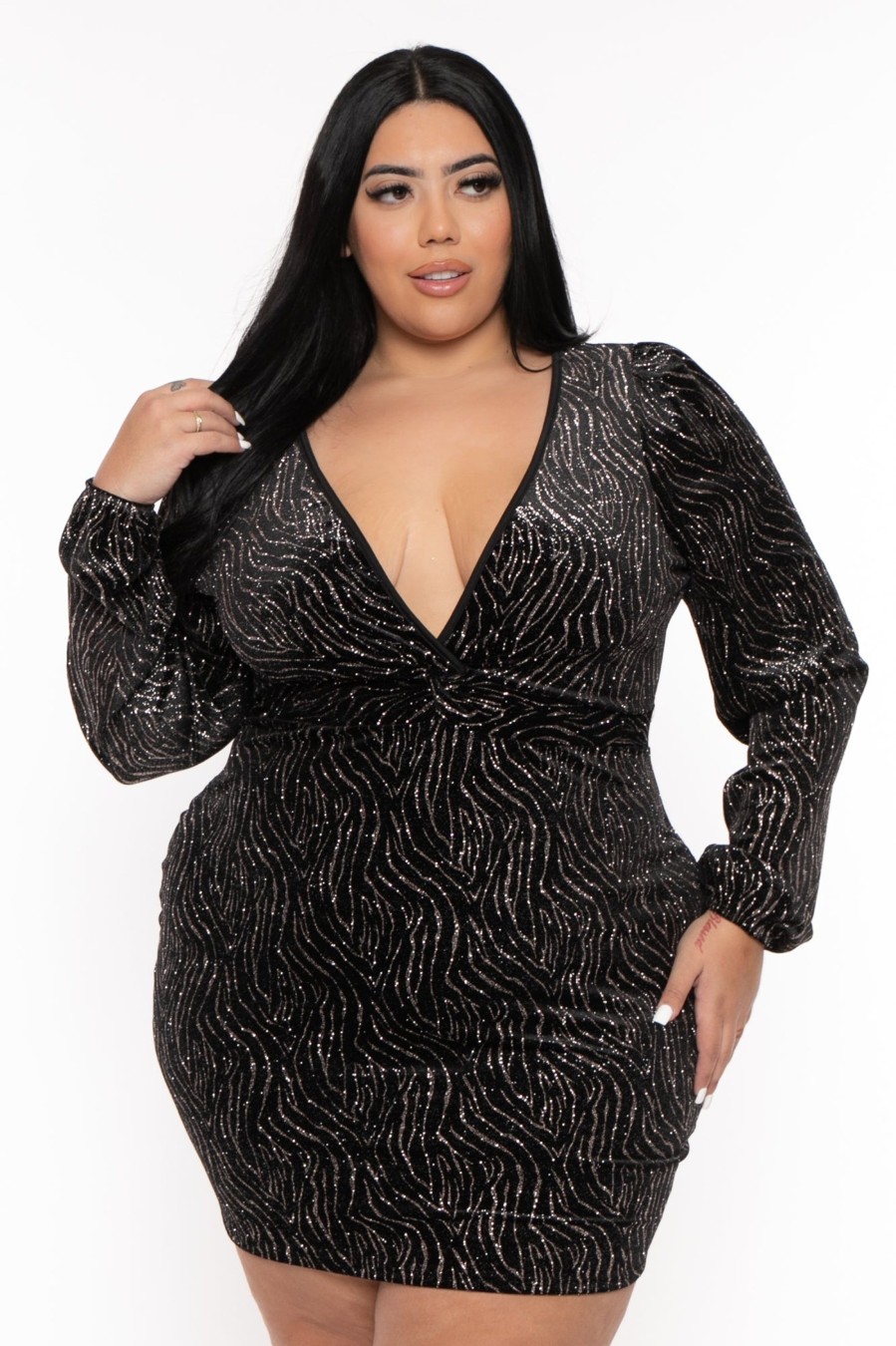 Dresses Curvy Sense | Plus Size Gisele Glitter Bodycon Dress Black