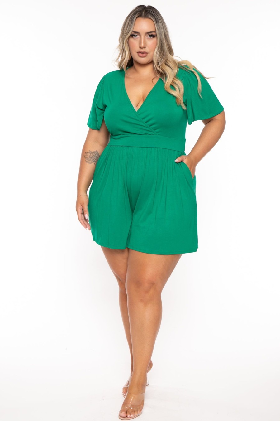 Jumpsuits & Rompers Curvy Sense | Plus Size Brianna Surplice Romper Green