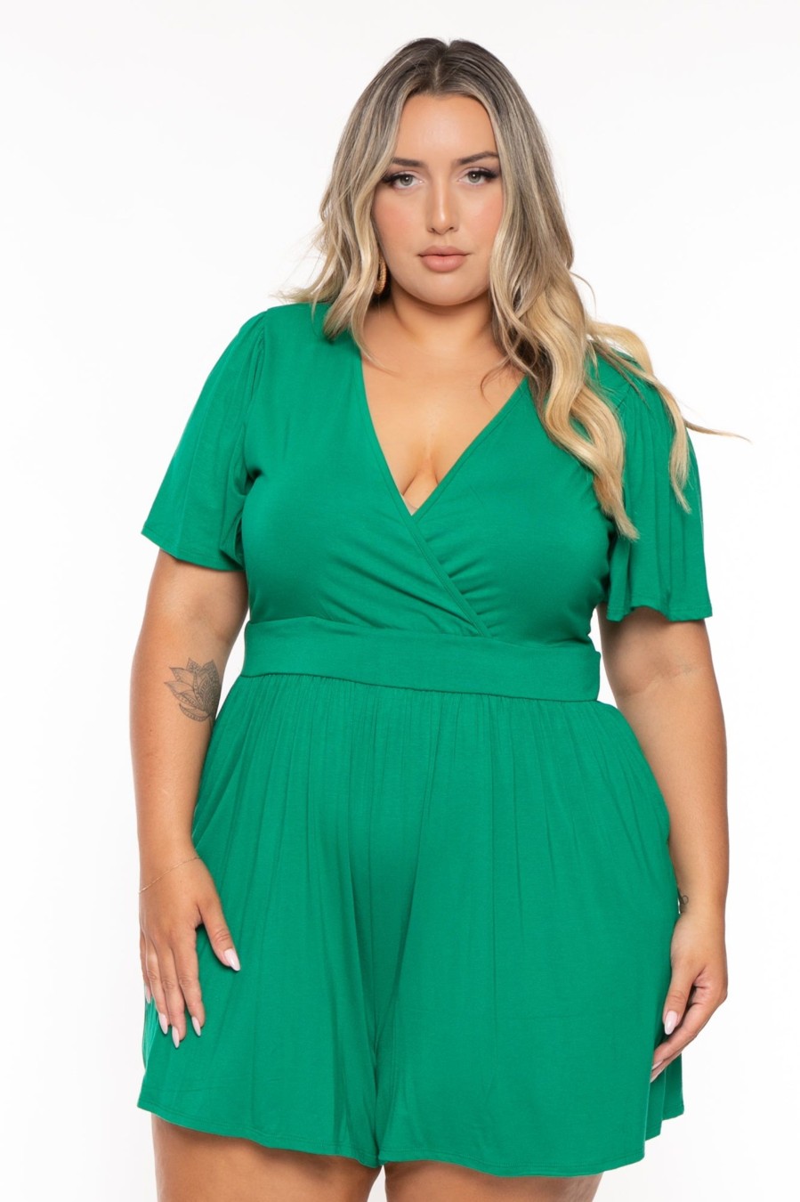 Jumpsuits & Rompers Curvy Sense | Plus Size Brianna Surplice Romper Green