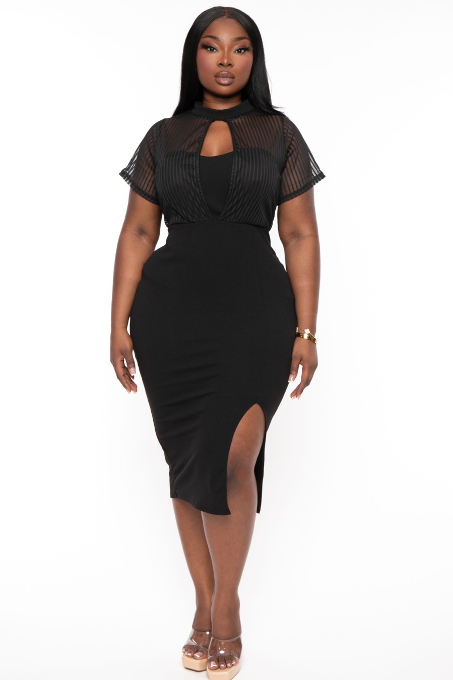 Little Black Styles Curvy Sense | Plus Size Ceci Striped Mesh Midi Dress Black