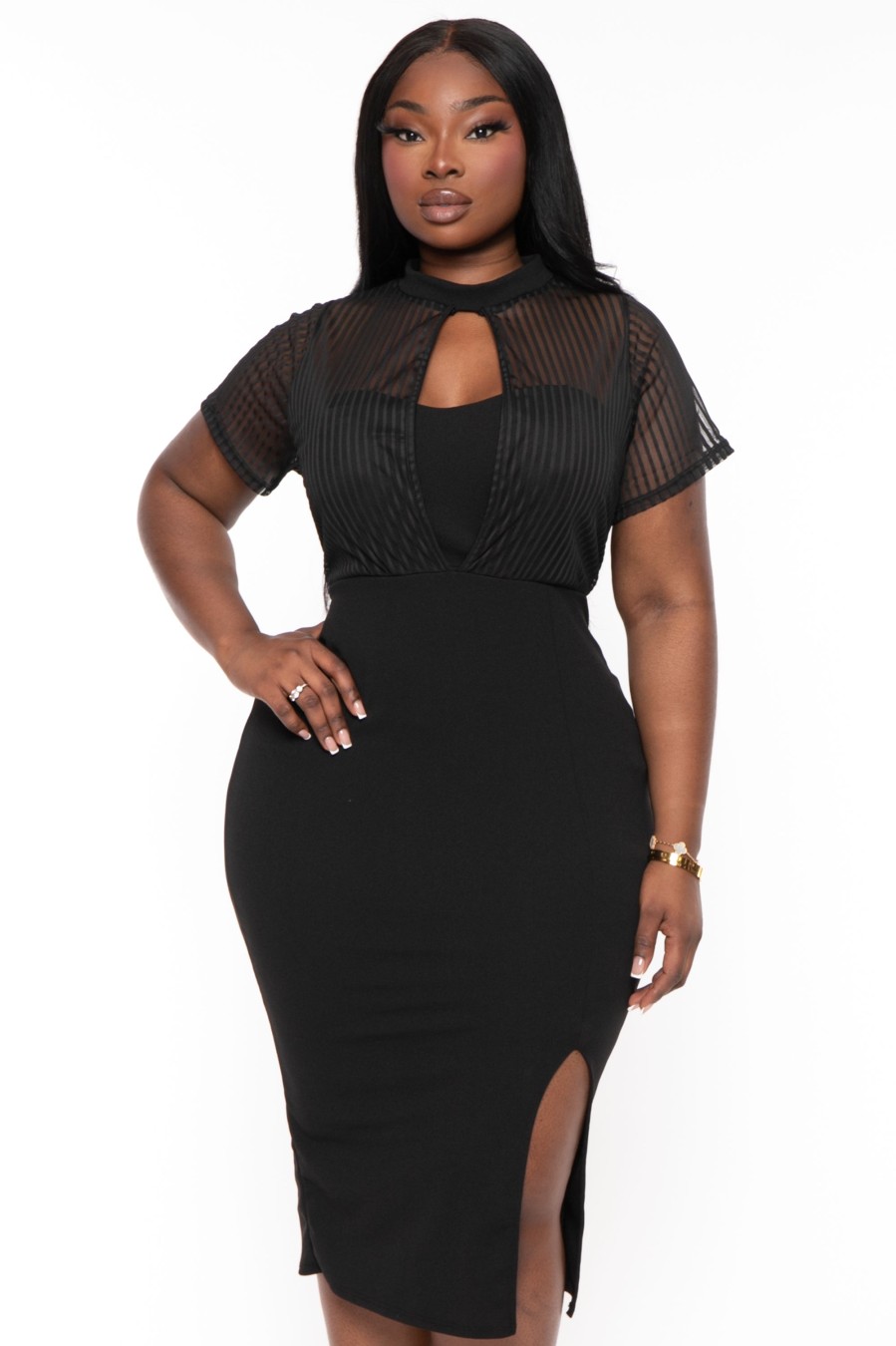 Little Black Styles Curvy Sense | Plus Size Ceci Striped Mesh Midi Dress Black