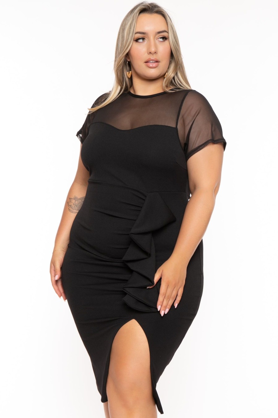 Little Black Styles Curvy Sense | Plus Size Avia Front Draped Dress Black