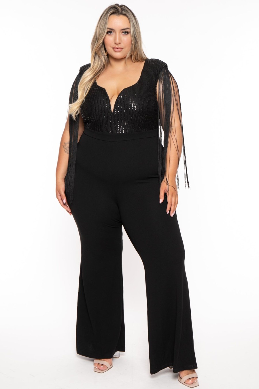 Jumpsuits & Rompers SYMPHONY | Plus Size Priscilla Sequins Fringe Jumpsuit Black