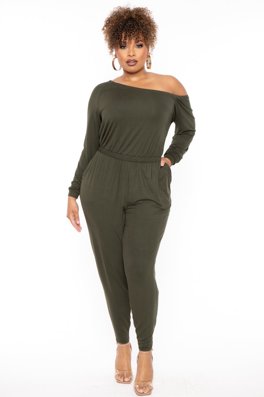 Jumpsuits & Rompers Curvy Sense | Plus Size Off The Shoulder Jumpsuit Olive