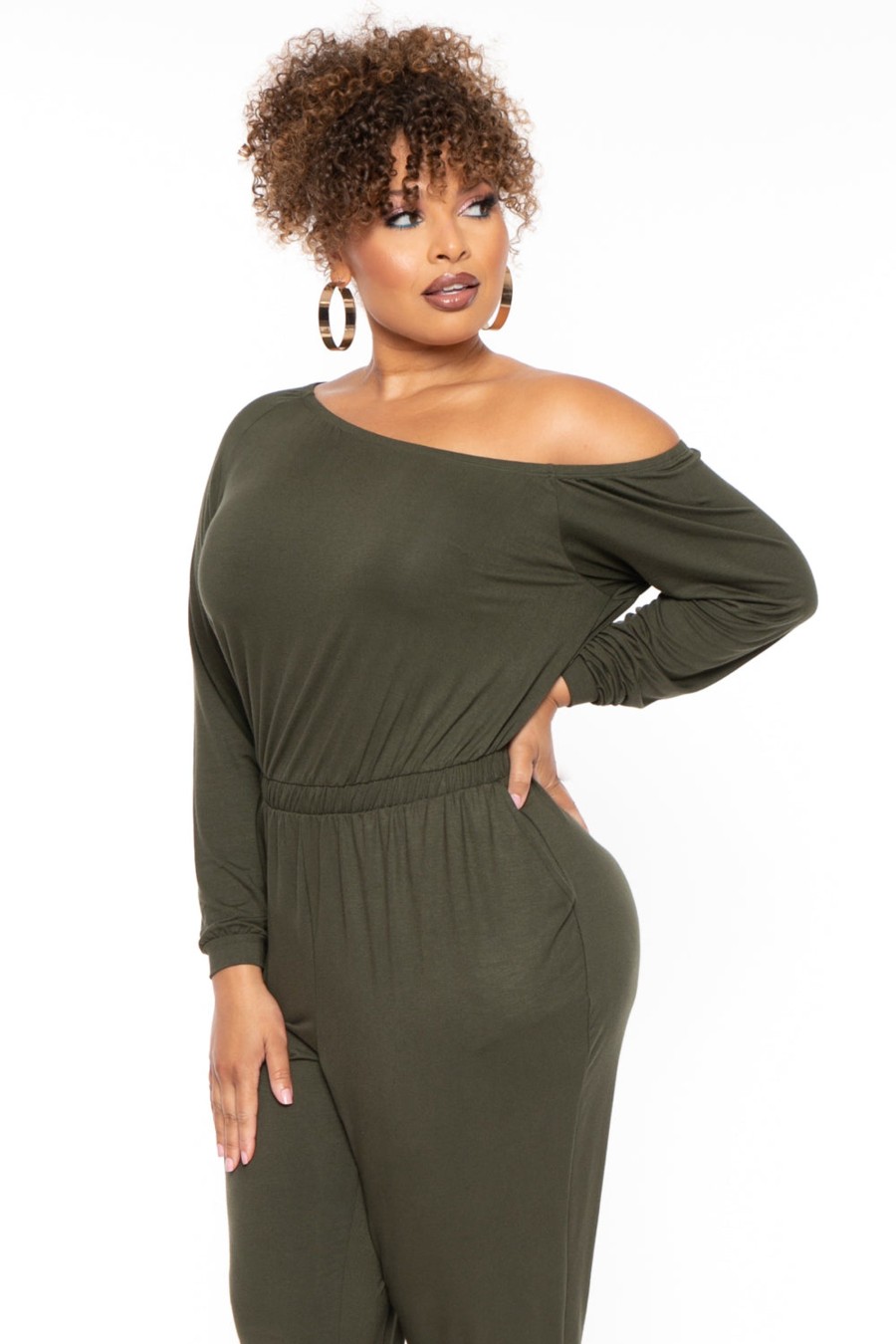 Jumpsuits & Rompers Curvy Sense | Plus Size Off The Shoulder Jumpsuit Olive