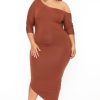 Dresses Curvy Sense | Plus Size Asymmetric Knit Dress Brown