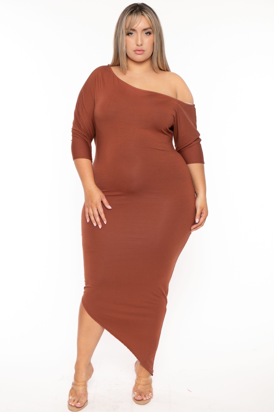 Dresses Curvy Sense | Plus Size Asymmetric Knit Dress Brown