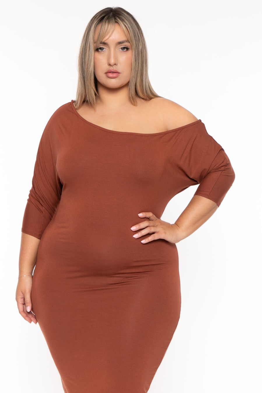 Dresses Curvy Sense | Plus Size Asymmetric Knit Dress Brown