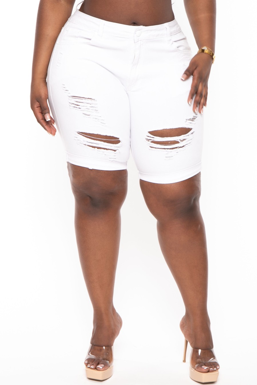 Jeans & Denim D ROCK | Plus Size Distressed Bermuda Jean Shorts White