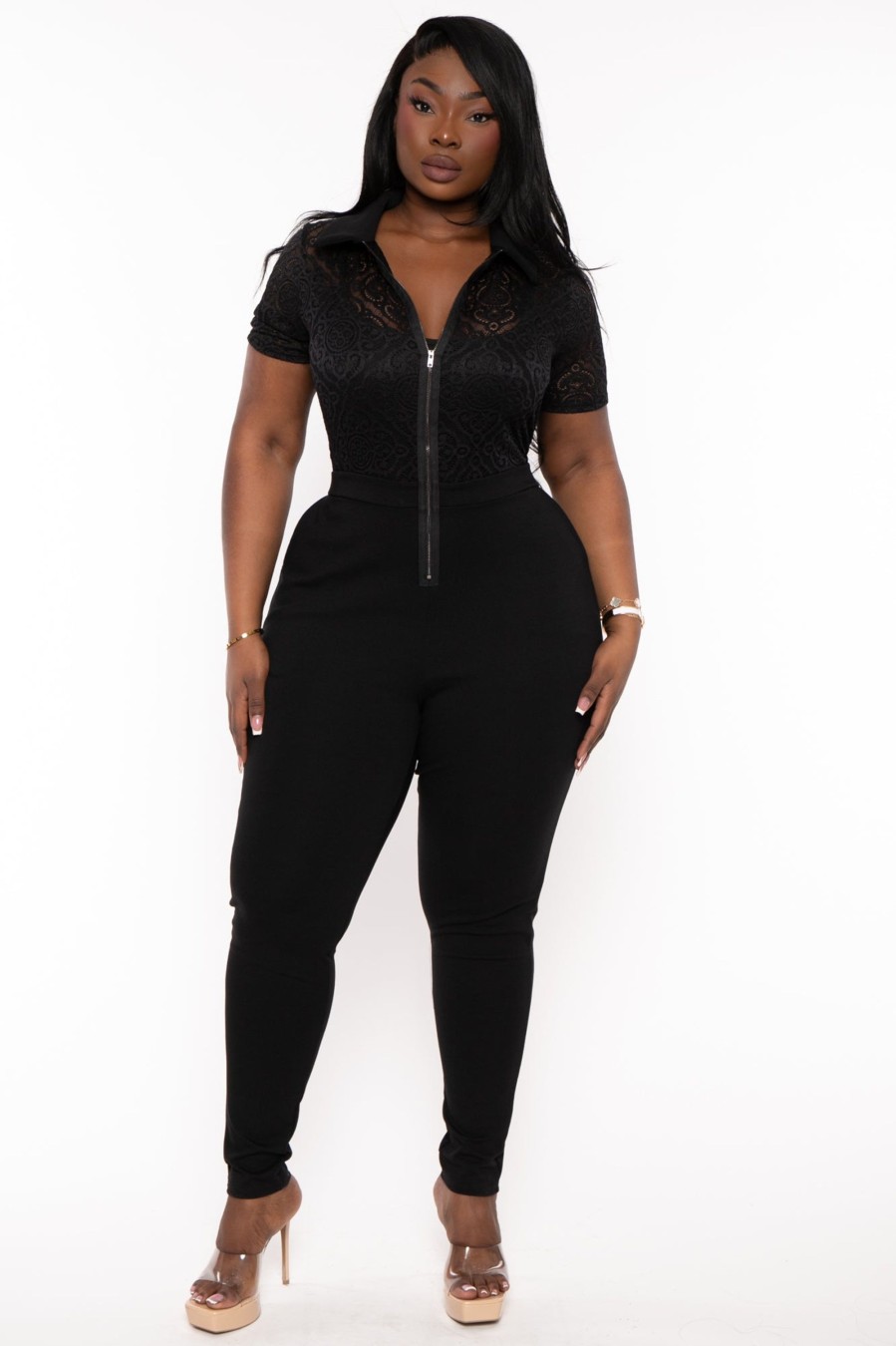 Jumpsuits & Rompers Curvy Sense | Plus Size Winona Lace Top Zipper Jumpsuit Black