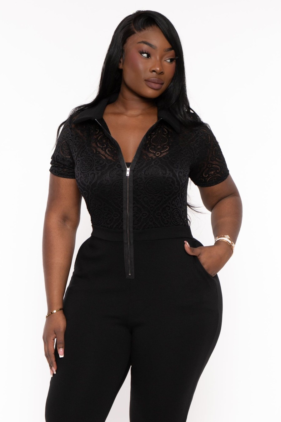 Jumpsuits & Rompers Curvy Sense | Plus Size Winona Lace Top Zipper Jumpsuit Black