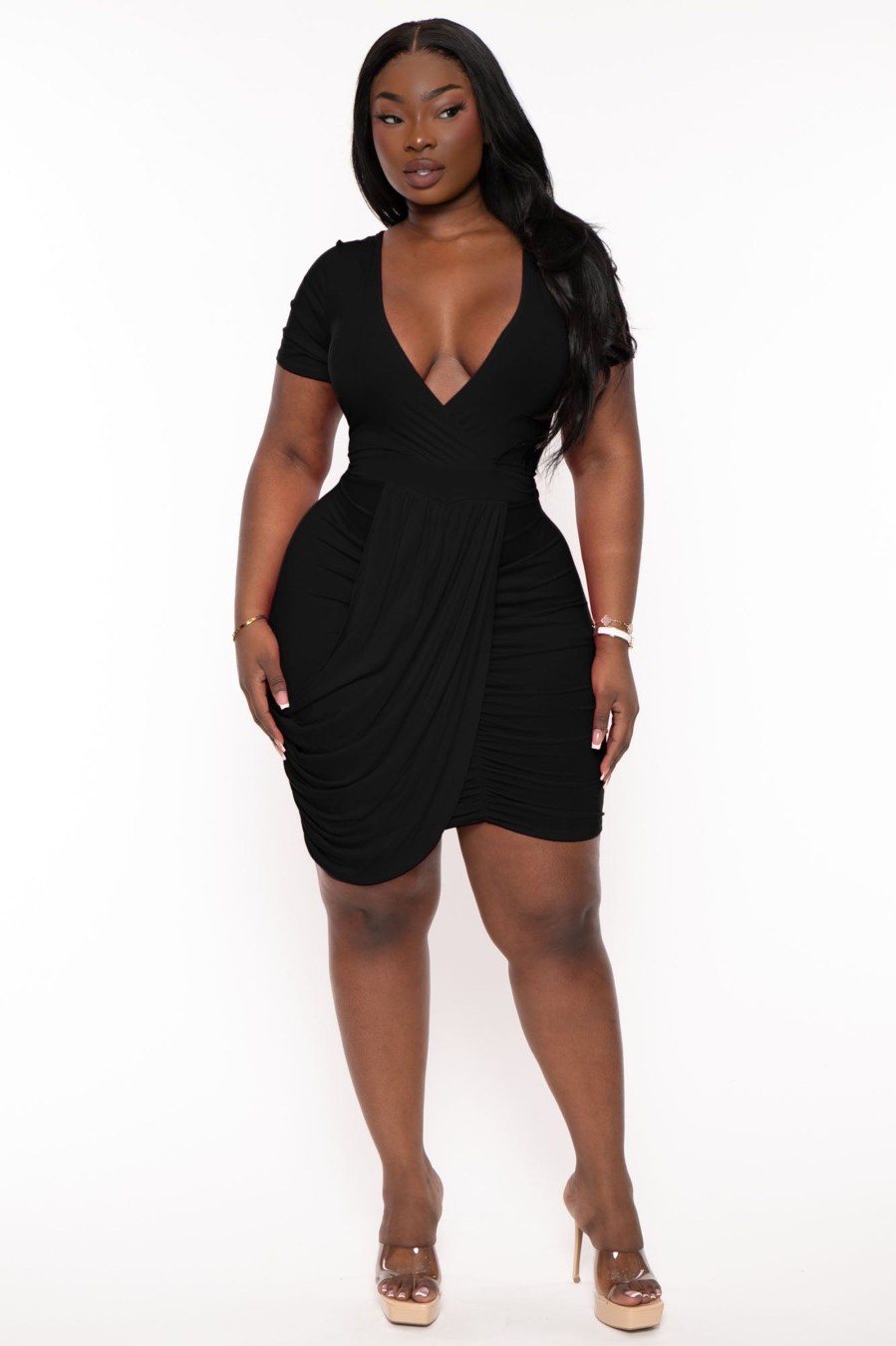 Little Black Styles Curvy Sense | Plus Size Avie Front Drape Dress Black