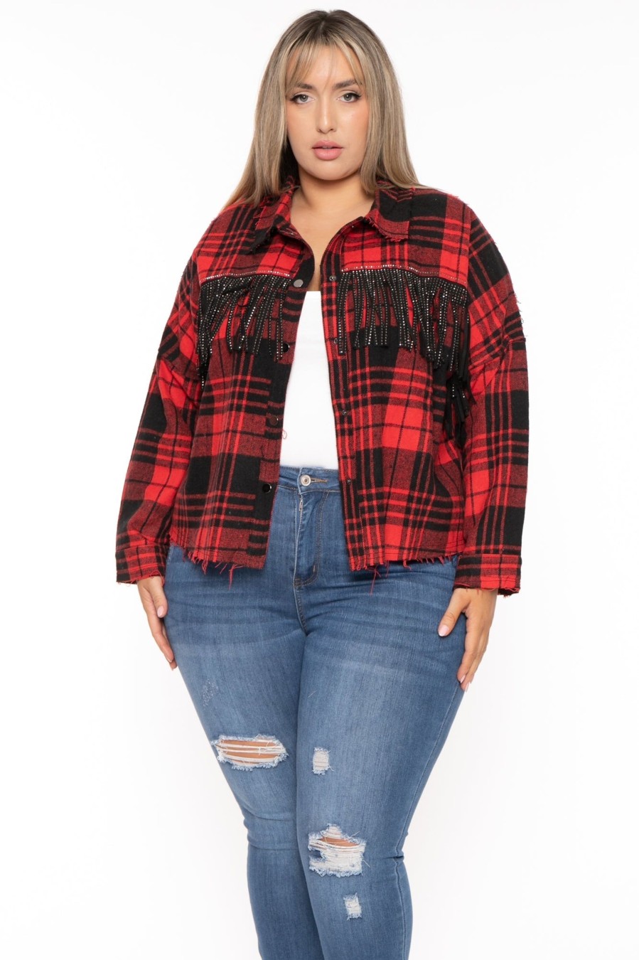 Outerwear GEE GEE | Plus Size Distress Plaid Fringe Jacket Red