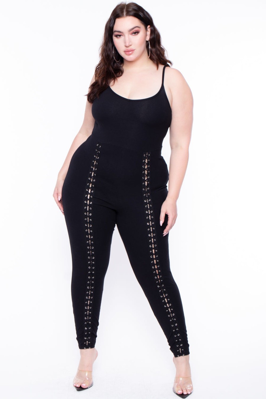 Little Black Styles Curvy Sense | Plus Size Grommet Lace Up Jumpsuit Black