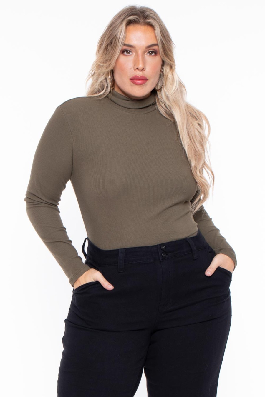 Tops Ambiance | Plus Size Ribbed Turtleneck Top Olive