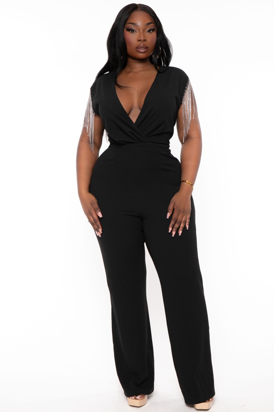 Jumpsuits & Rompers SYMPHONY | Plus Size Lilith Rhinestone Fringe Jumpsuit Black