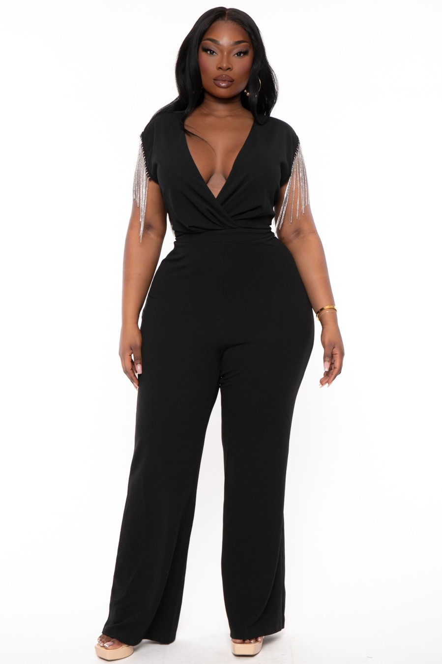 Jumpsuits & Rompers SYMPHONY | Plus Size Lilith Rhinestone Fringe Jumpsuit Black