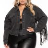 Jeans & Denim Veveret | Plus Size Oli Crop Fringe Denim Jacket Black