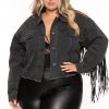 Outerwear Veveret | Plus Size Oli Crop Fringe Denim Jacket Black