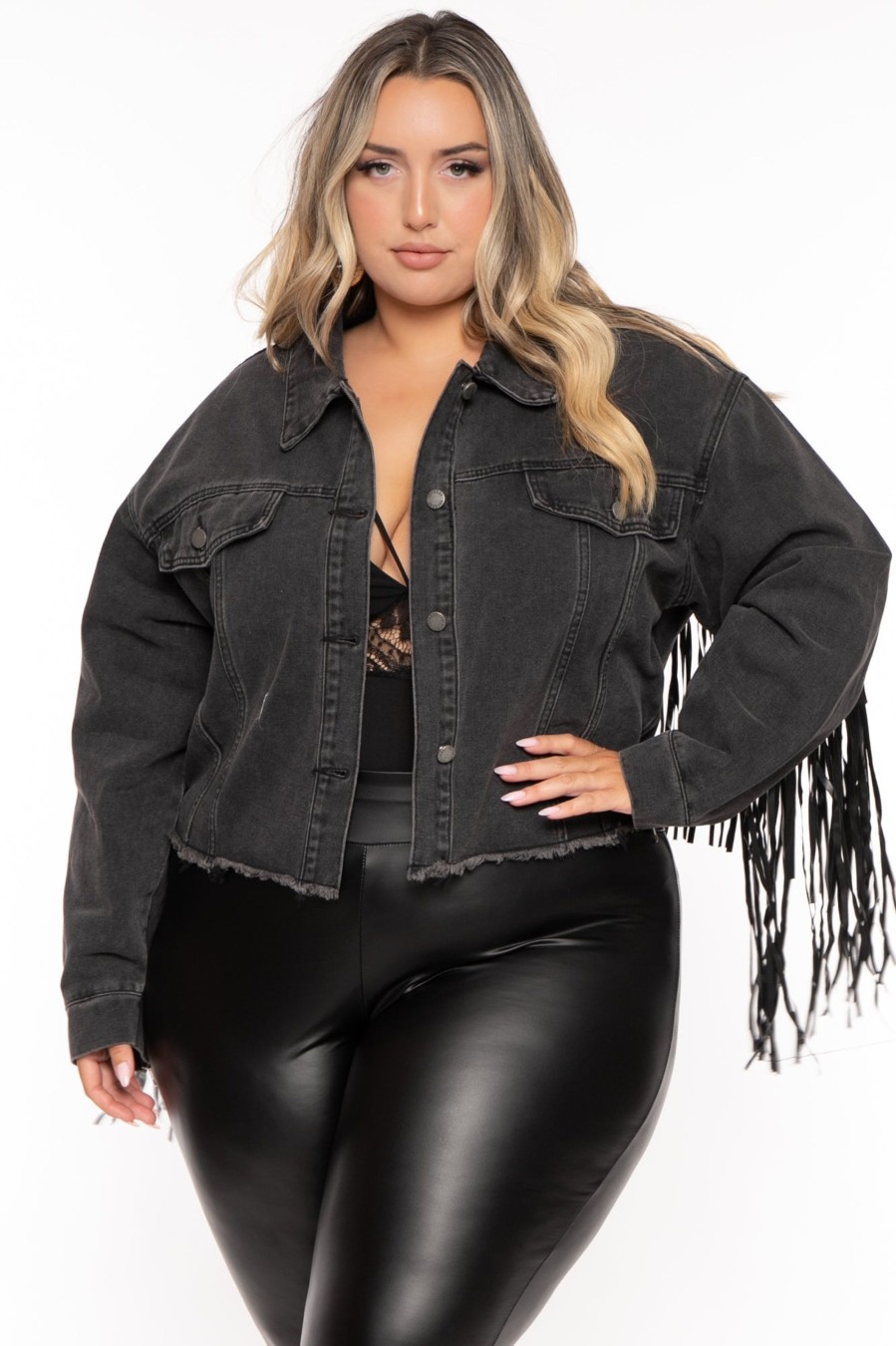 Outerwear Veveret | Plus Size Oli Crop Fringe Denim Jacket Black