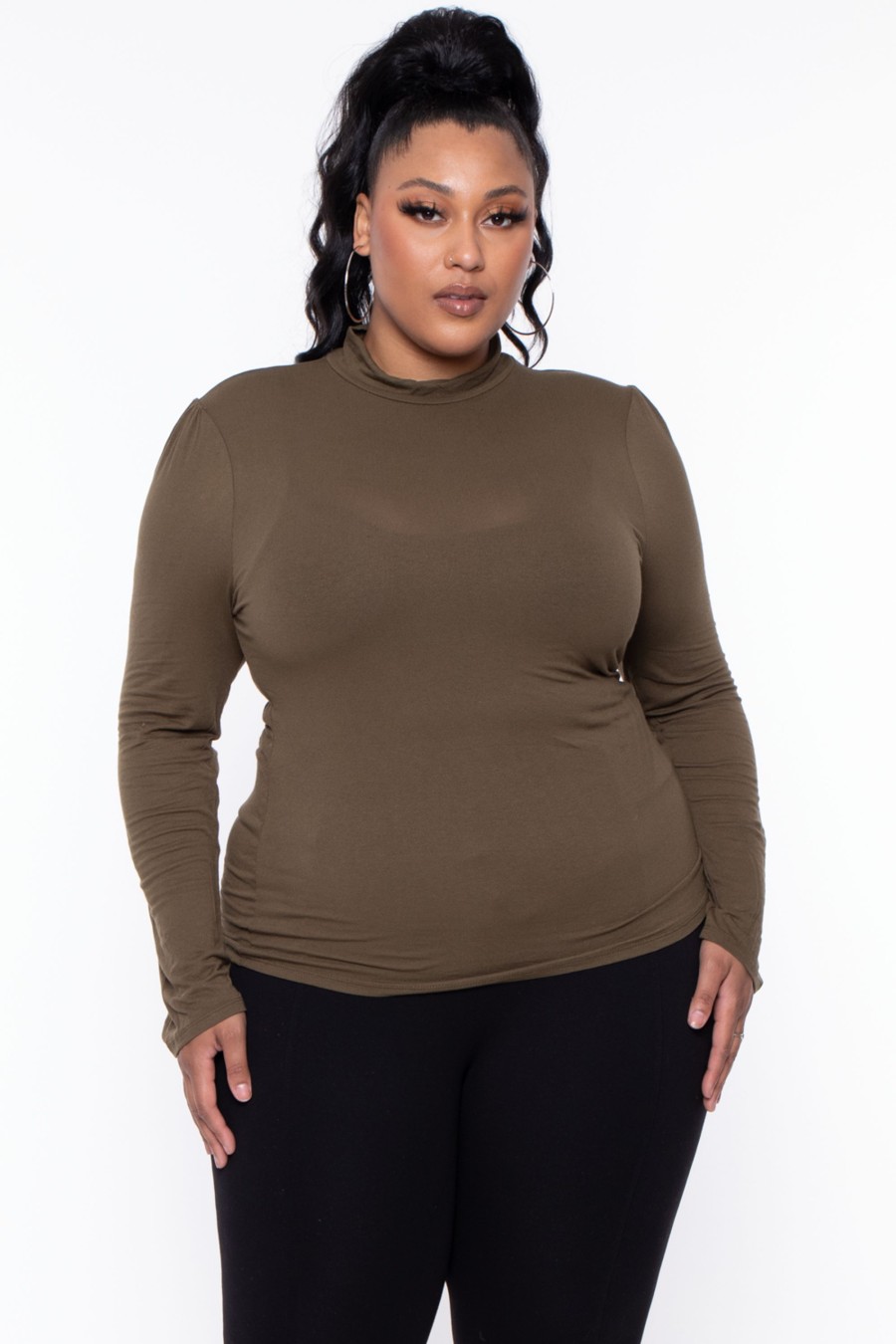 Tops Ambiance | Plus Size Mock Neck Long Sleeve Top Olive