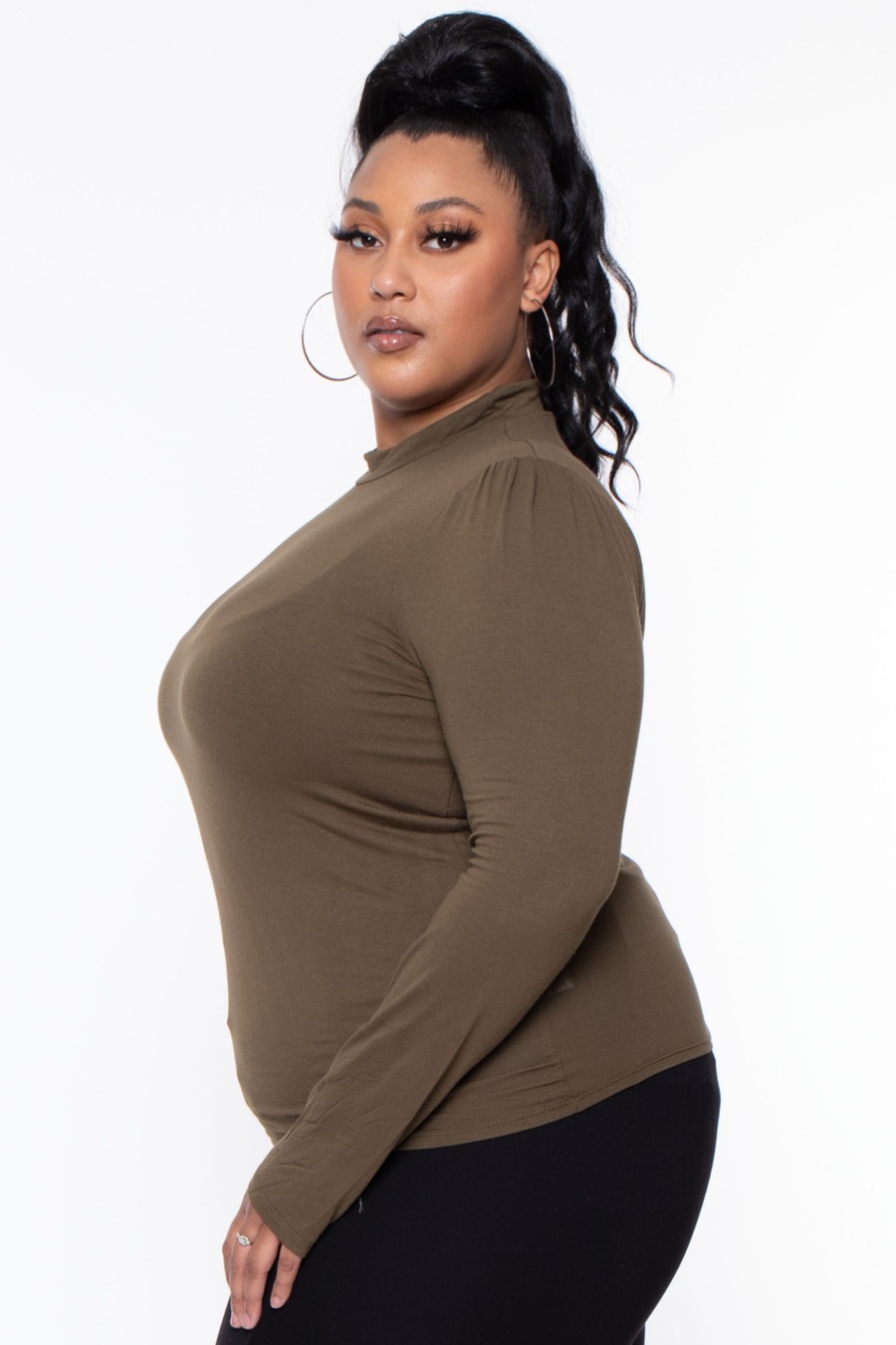 Tops Ambiance | Plus Size Mock Neck Long Sleeve Top Olive