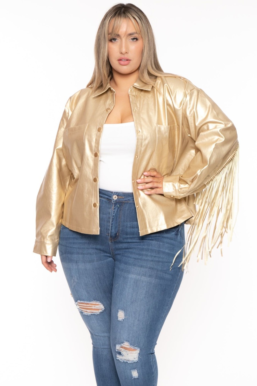 Outerwear GEE GEE | Plus Size Tiffany Fringe Metallic Jacket Gold